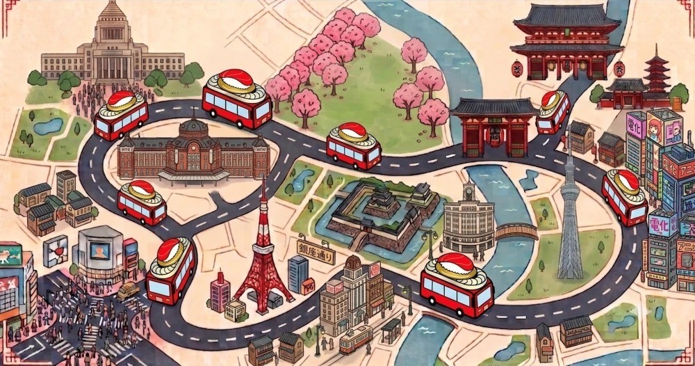 Двухэтажный автобус SUSHI BUS с конвейером для суши на втором этаже